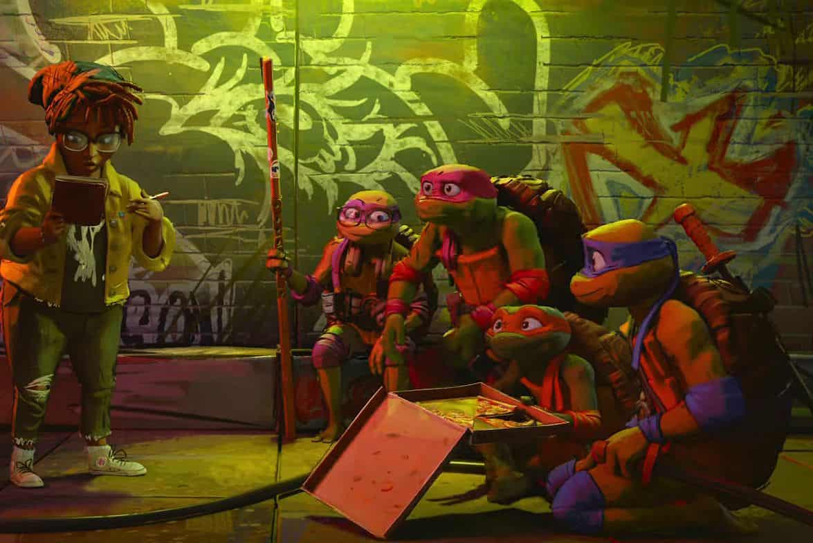 Image of the Ninja Turtles paying homage to their creators with Easter eggs in "TMNT: Mutant Mayhem.